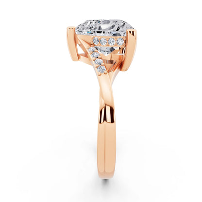 14 KT Rose Gold Heart Cut Diamond Split Shank Engagement Ring with Hidden Halo - side view