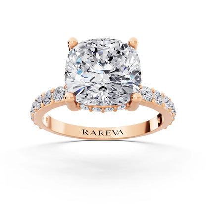 18 KT Rose Gold Cushion Cut Diamond Solitaire Ring with Hidden Halo and Pave Band - front view