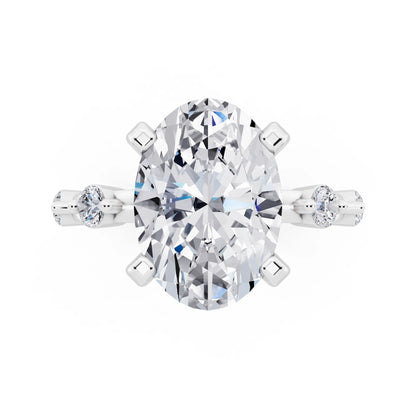 Platinum Oval Cut Diamond Solitaire Ring with Floating Diamond Accents - top angle