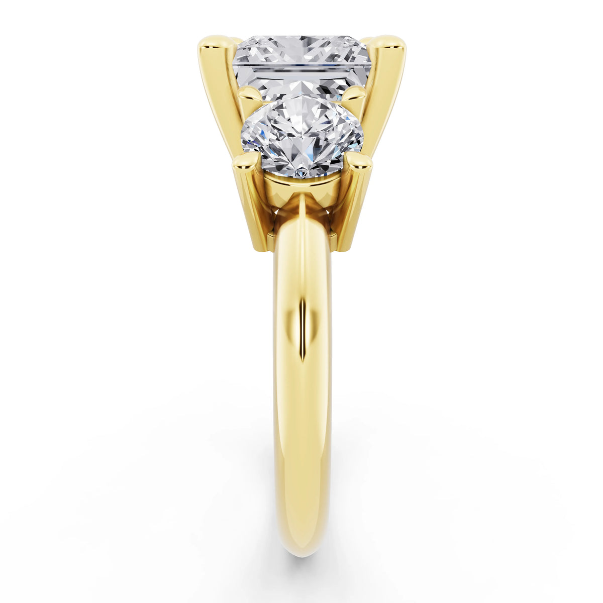 14 KT Yellow Gold Princess Cut Diamond Three Stone Ring with Round Accents - side view