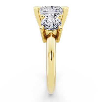 14 KT Yellow Gold Princess Cut Diamond Three Stone Ring with Round Accents - side view