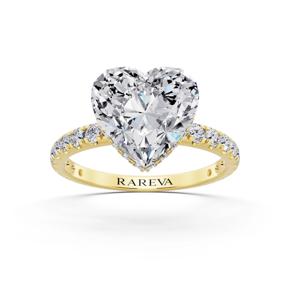 14 KT Yellow Gold Heart Cut Diamond Solitaire Ring with Hidden Halo and French Pave Band - front view