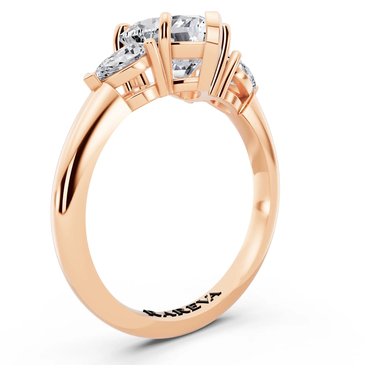 18 KT Rose Gold Heart Cut Diamond Three Stone Pear Accent Ring - top view