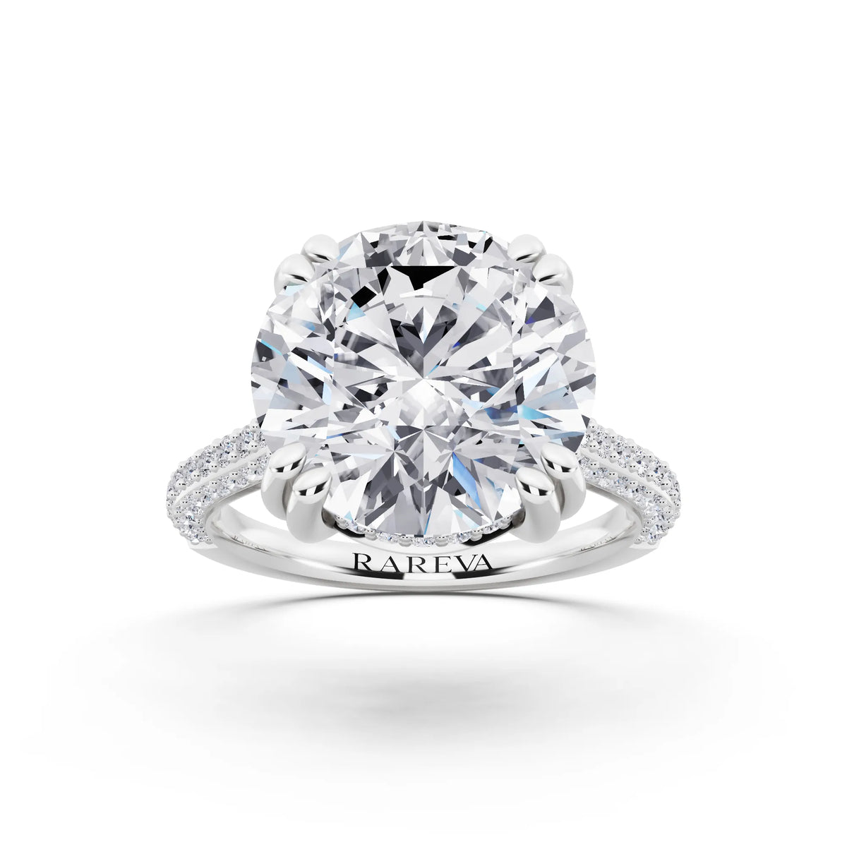 14 KT White Gold Round Cut Diamond Hidden Halo Double Claw Pave Band Ring - front view