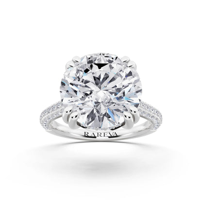 14 KT White Gold Round Cut Diamond Hidden Halo Double Claw Pave Band Ring - front view