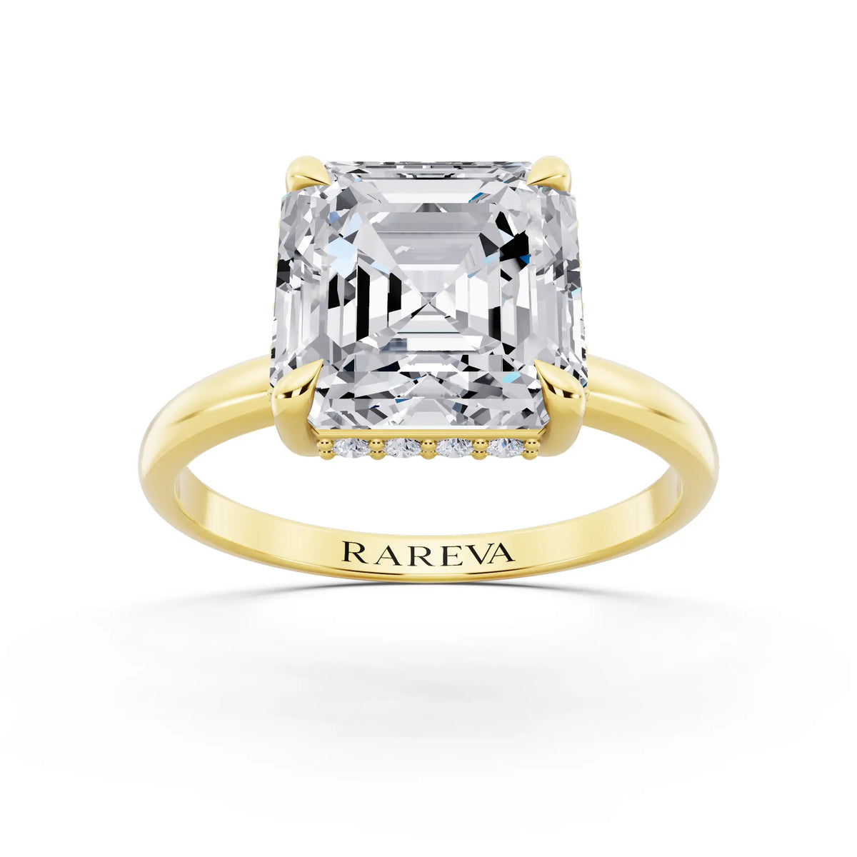 18 KT Yellow Gold Asscher Cut Diamond Hidden Halo Solitaire Ring - front view
