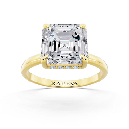 18 KT Yellow Gold Asscher Cut Diamond Hidden Halo Solitaire Ring - front view