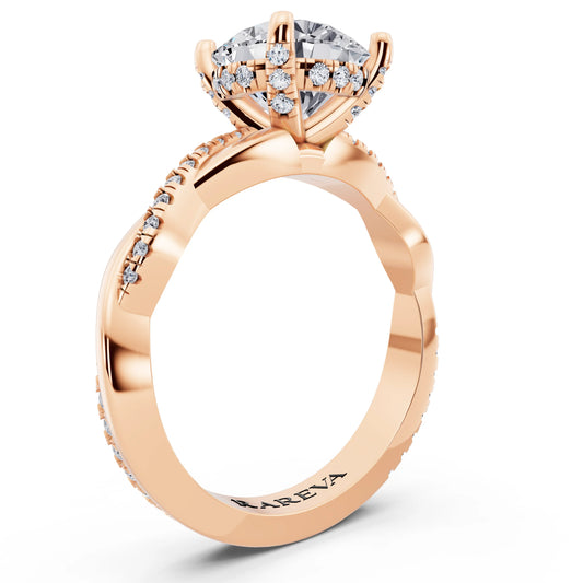 18 KT Rose Gold Round Cut Diamond Hidden Halo Ring with Twisted Pave Band - top view