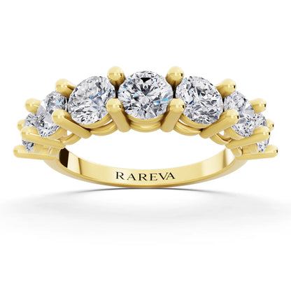 14K Yellow Gold Seven Stone Round Cut Diamond Half Eternity Wedding Band - 2mm - Front