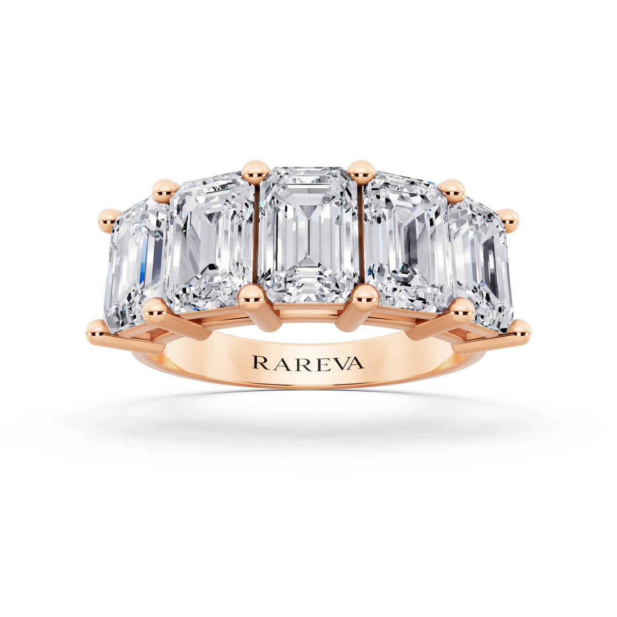 14K Rose Gold Five Stone Emerald Cut Diamond Half Eternity Wedding Band - 3mm - Front