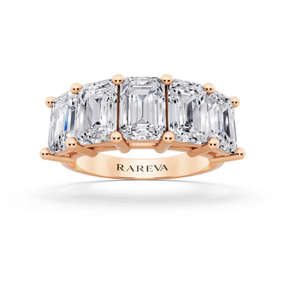 14K Rose Gold Five Stone Emerald Cut Diamond Half Eternity Wedding Band - 3mm - Front