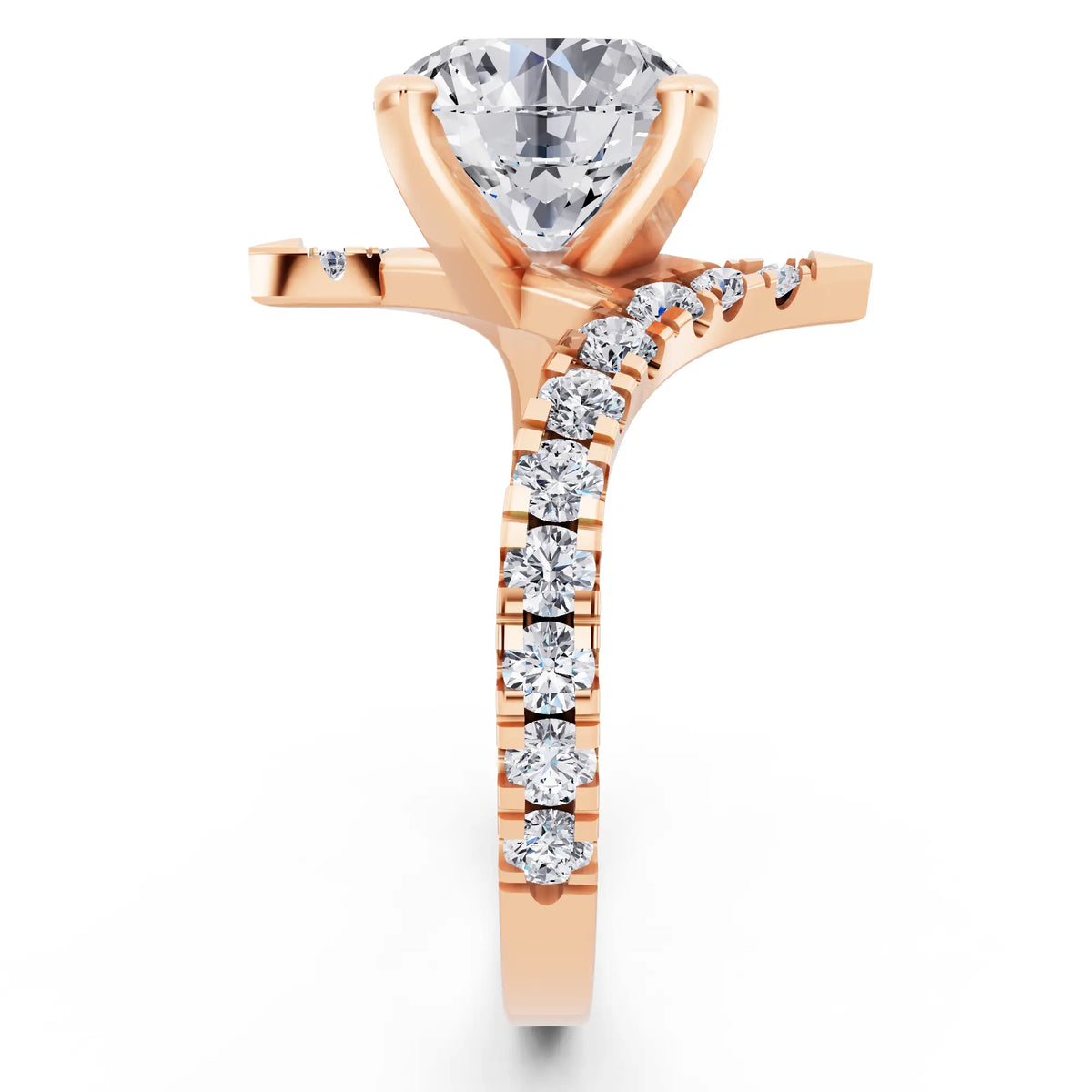 14 KT Rose Gold Round Cut Diamond Solitaire Ring with Pave Band and Accents - Side view