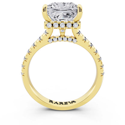 14 KT Yellow Gold Princess Cut Diamond Ring with Hidden Halo - through finger