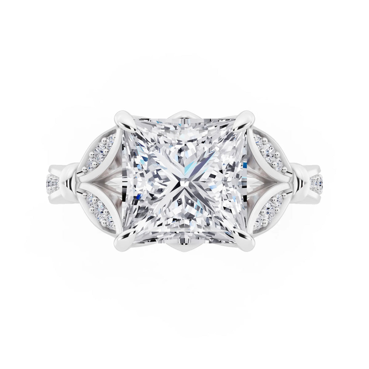 18 KT White Gold Princess Cut Diamond Ring with Lotus Collar - top angle