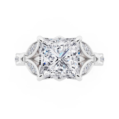 18 KT White Gold Princess Cut Diamond Ring with Lotus Collar - top angle