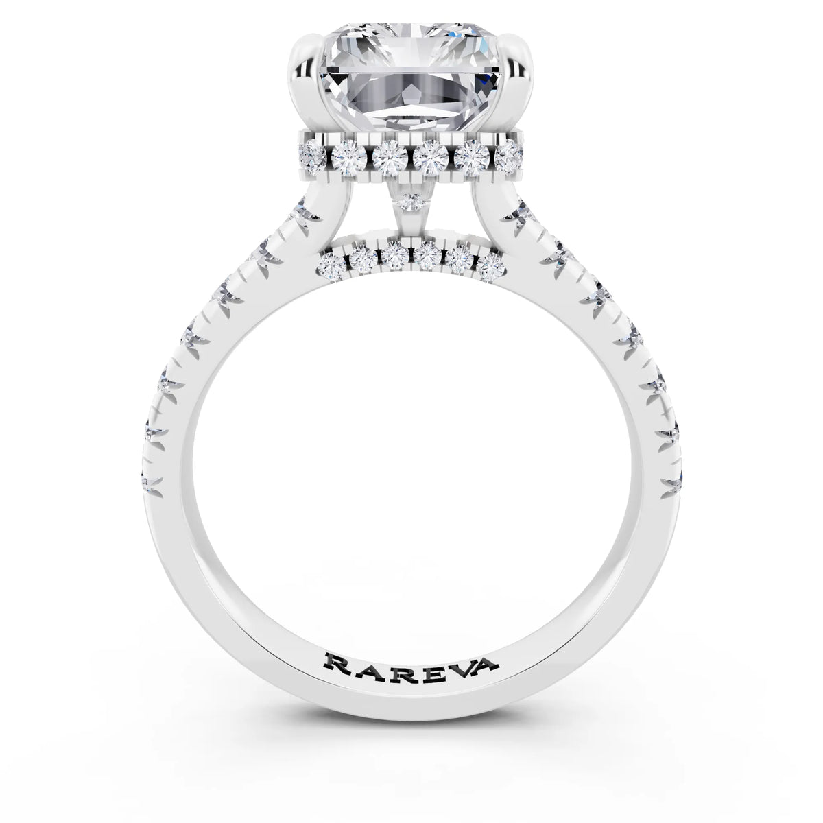 14 KT White Gold Radiant Cut Diamond Ring with Hidden Halo - through finger