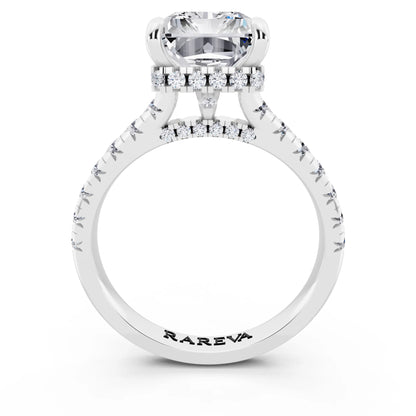 14 KT White Gold Radiant Cut Diamond Ring with Hidden Halo - through finger