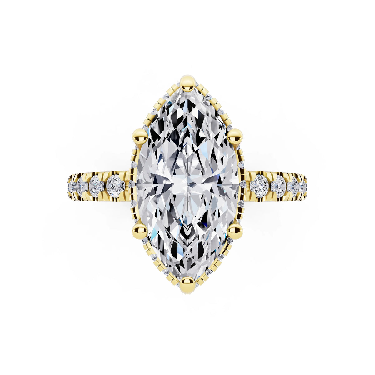 18 KT Yellow Gold Marquise Cut Diamond Hidden Halo Ring with Pave Band - top angle