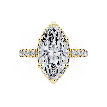 18 KT Yellow Gold Marquise Cut Diamond Hidden Halo Ring with Pave Band - top angle