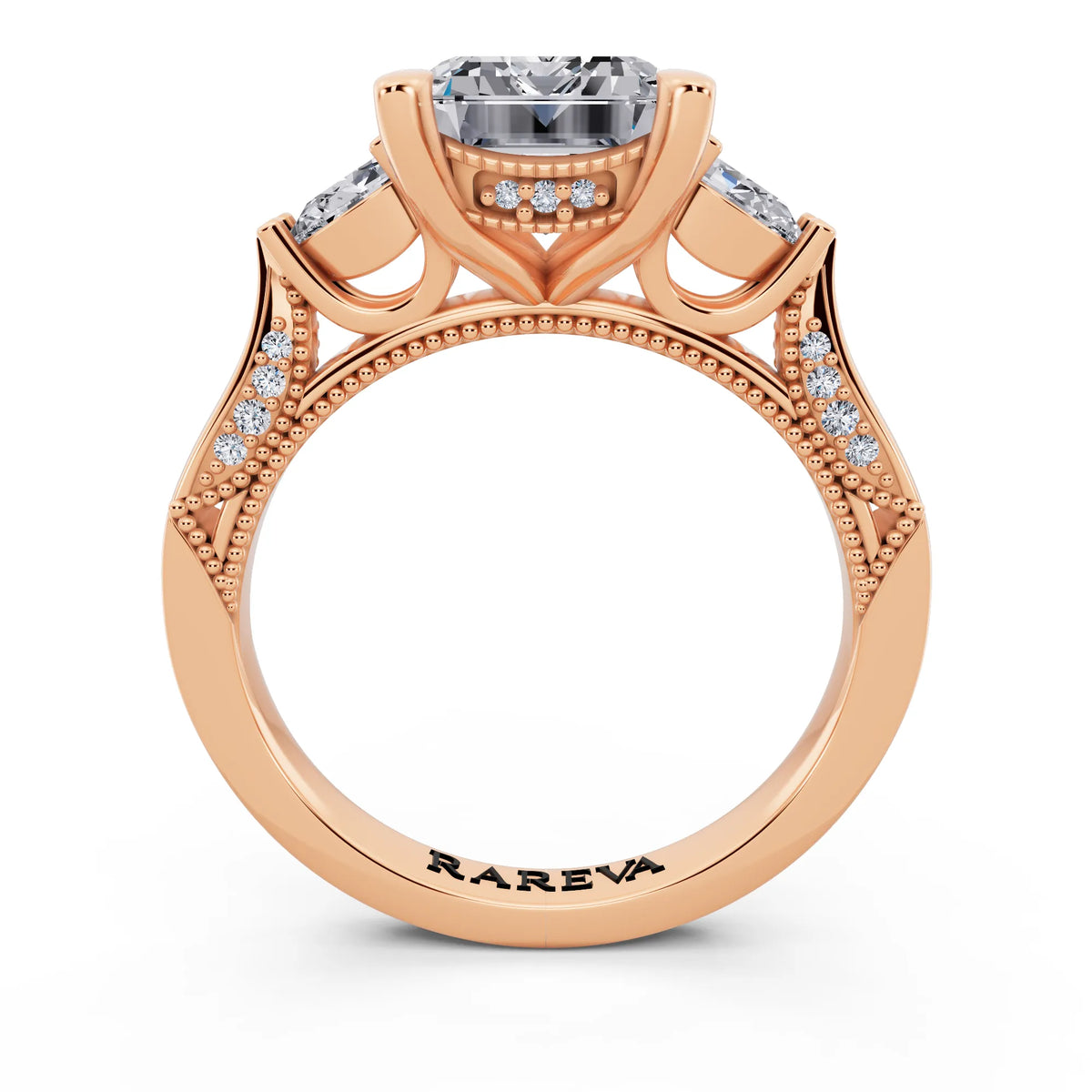 18 KT Rose Gold Emerald Cut Diamond Three Stone Pear Accent Vintage Pave Ring - through finger