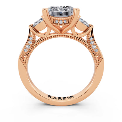 18 KT Rose Gold Emerald Cut Diamond Three Stone Pear Accent Vintage Pave Ring - through finger