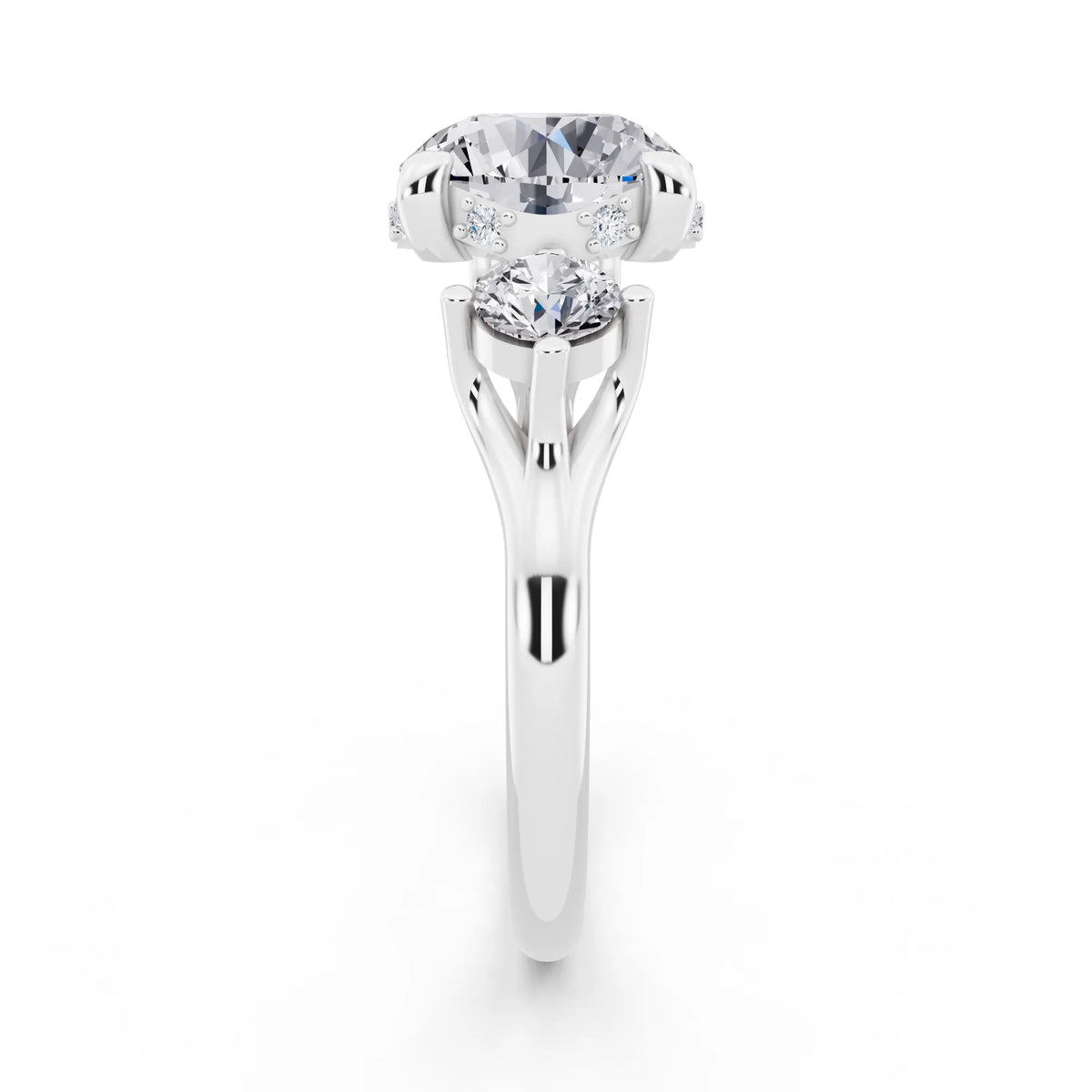 Platinum Round Cut Diamond Three Stone Engagement Ring with Hidden Halo - side view