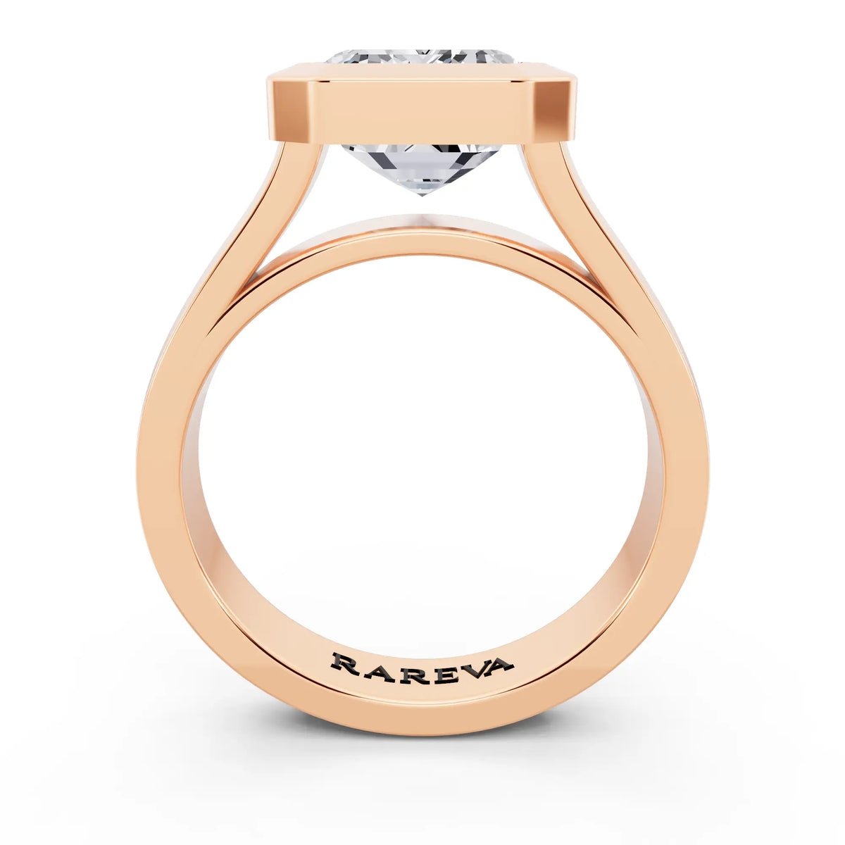 14 KT Rose Gold Emerald Cut Diamond Bezel Set Solitaire Ring - through finger