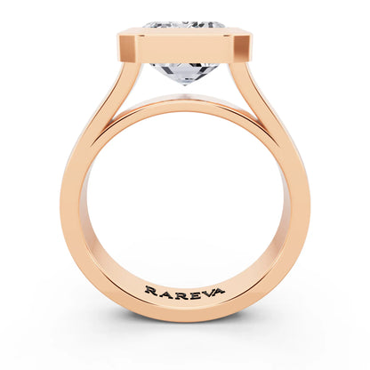 14 KT Rose Gold Emerald Cut Diamond Bezel Set Solitaire Ring - through finger