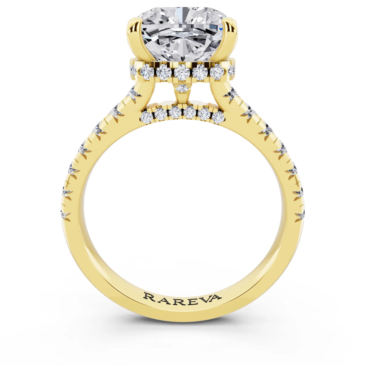 18 KT Yellow Gold Cushion Cut Diamond Ring with Hidden Halo - through finger
