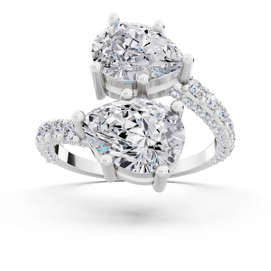 Platinum Pear Cut Diamond Two Stone Ring with Pave Band - Front