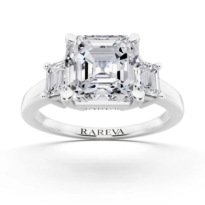 14 KT White Gold Asscher Cut Diamond Three Stone Emerald Accent Ring - front view