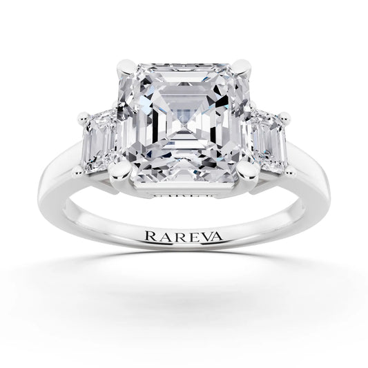 14 KT White Gold Asscher Cut Diamond Three Stone Emerald Accent Ring - front view