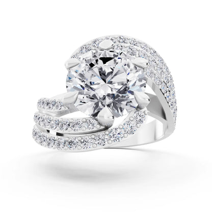14 KT White Gold Round Cut Diamond Solitaire Ring with Swirl Pave Bands - Front