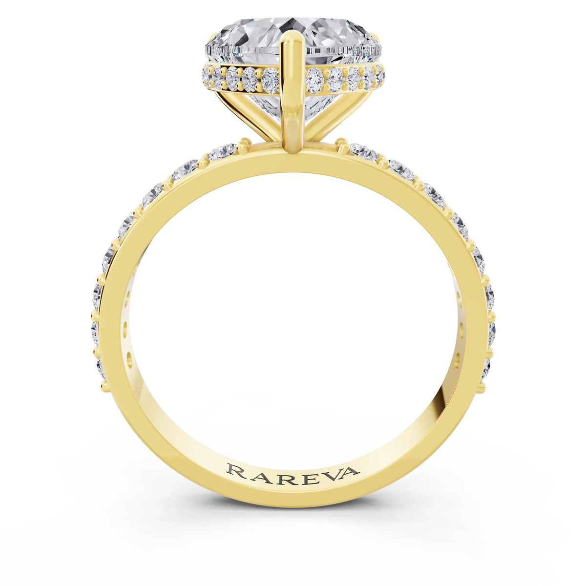 14 KT Yellow Gold Heart Cut Diamond Solitaire Ring with Hidden Halo and Pave Band - through finger