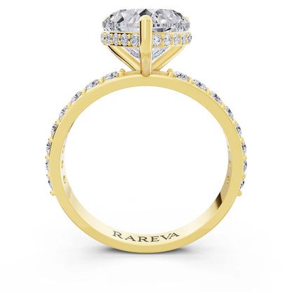 14 KT Yellow Gold Heart Cut Diamond Solitaire Ring with Hidden Halo and Pave Band - through finger