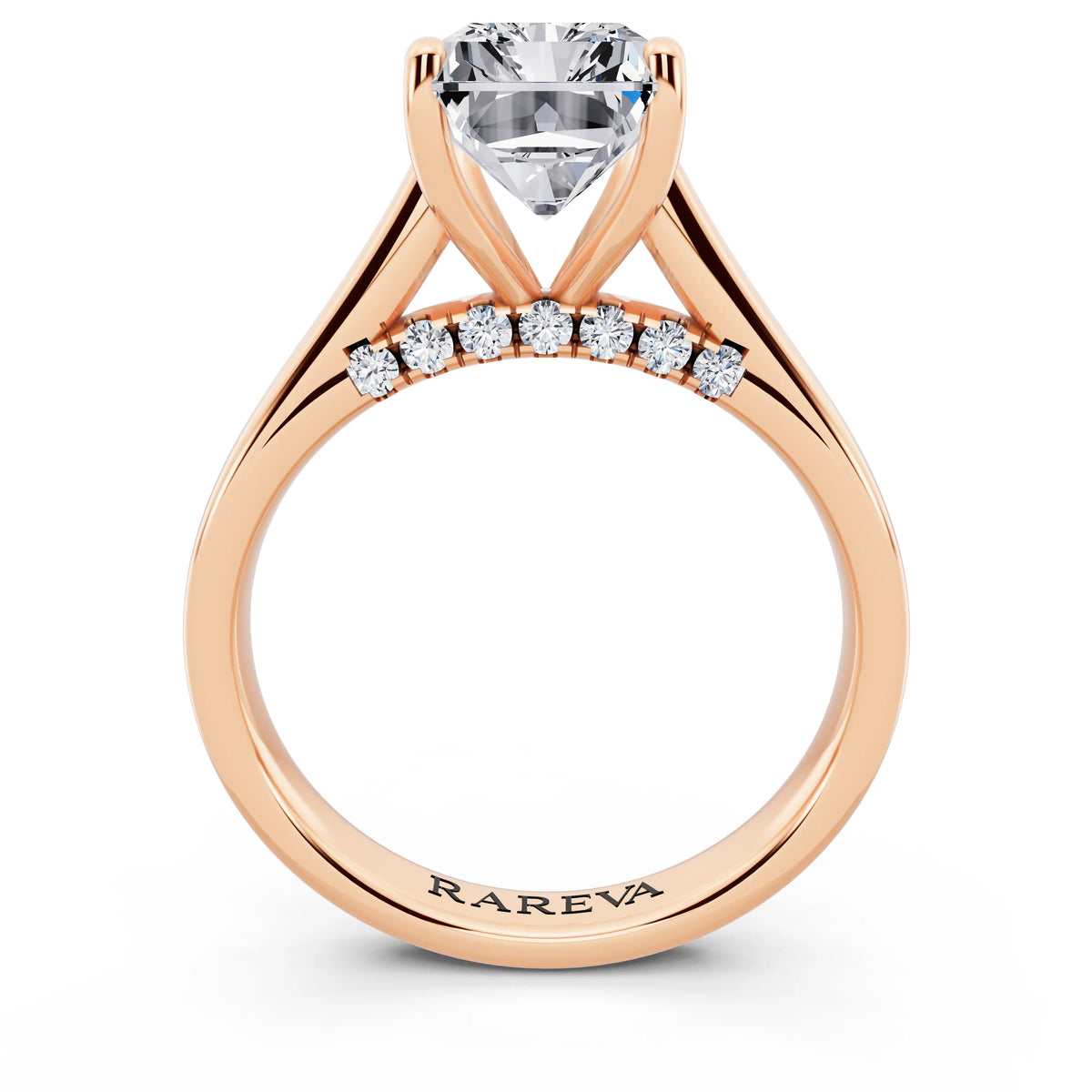 18 KT Rose Gold Radiant Cut Diamond Solitaire Ring with Hidden Accent - through finger