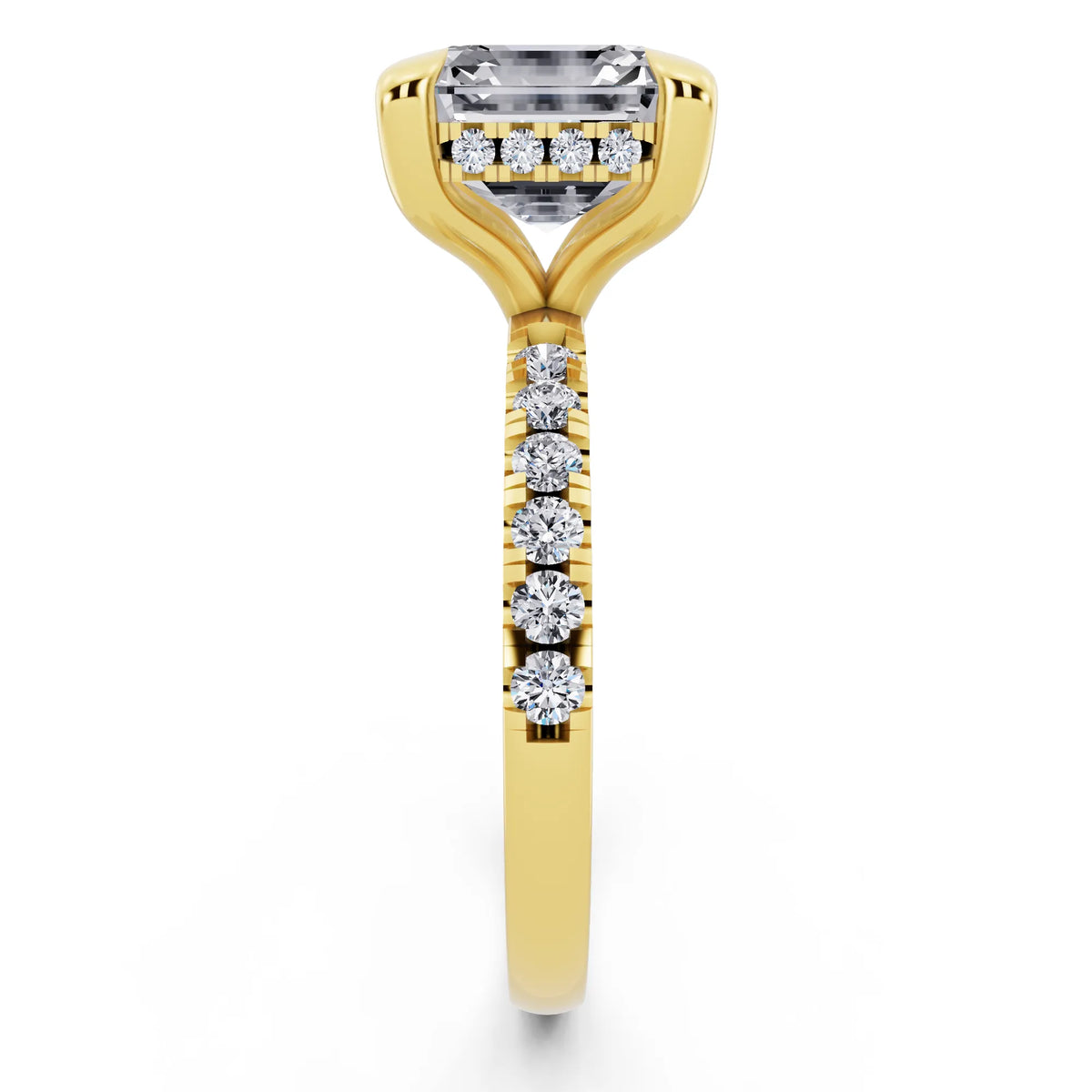 14 KT Yellow Gold Asscher Cut Diamond Solitaire Ring with Round Pavé Band and Prong Setting - side view