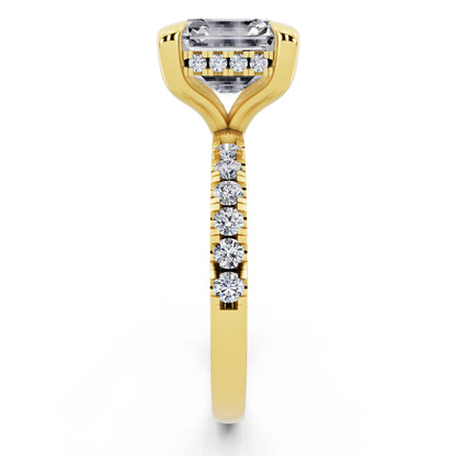 14 KT Yellow Gold Asscher Cut Diamond Solitaire Ring with Round Pavé Band and Prong Setting - side view