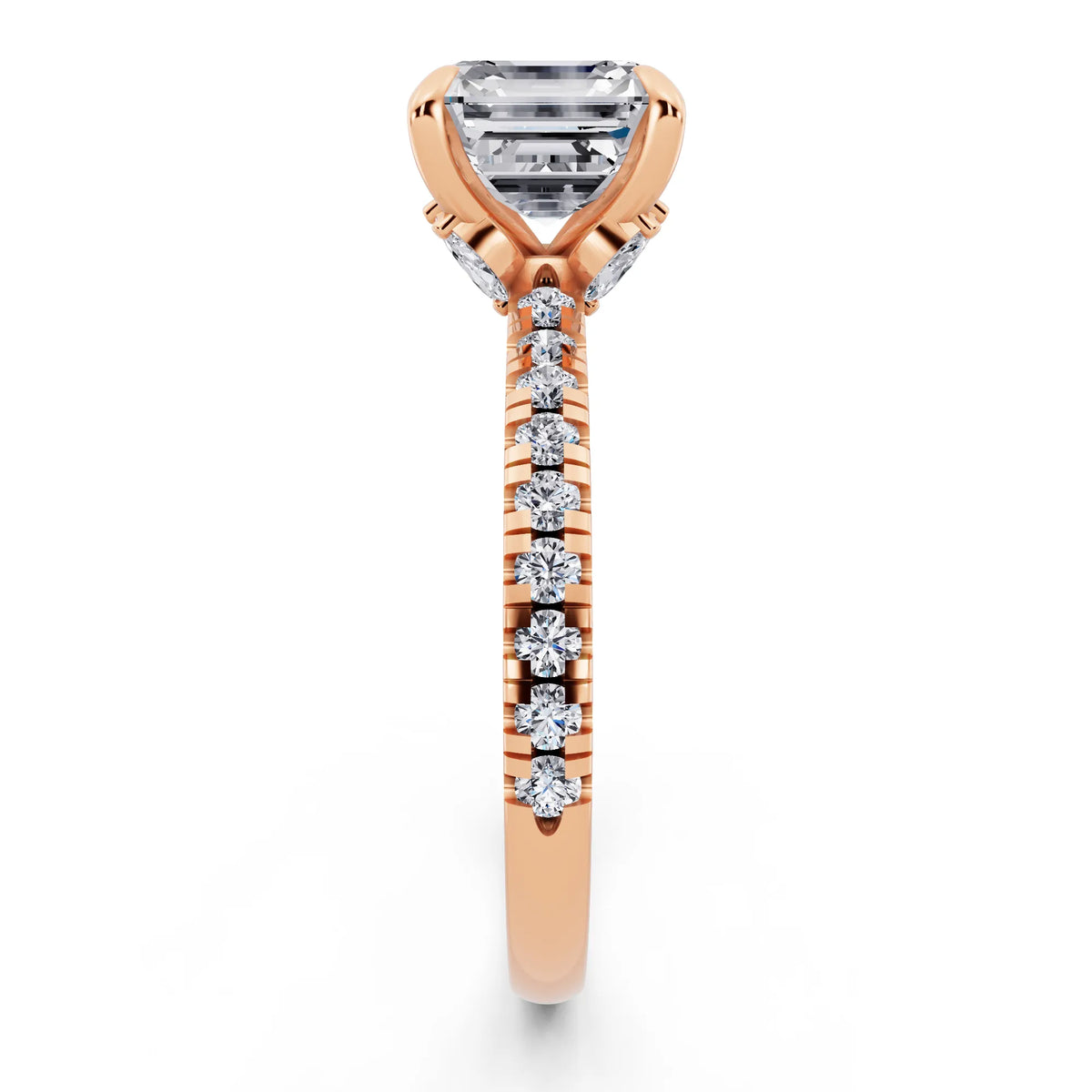 14 KT Rose Gold Asscher Cut Diamond Solitaire Ring with Marquise Collar - side view