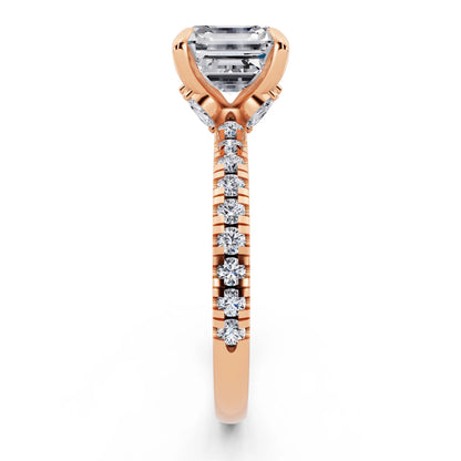 14 KT Rose Gold Asscher Cut Diamond Solitaire Ring with Marquise Collar - side view