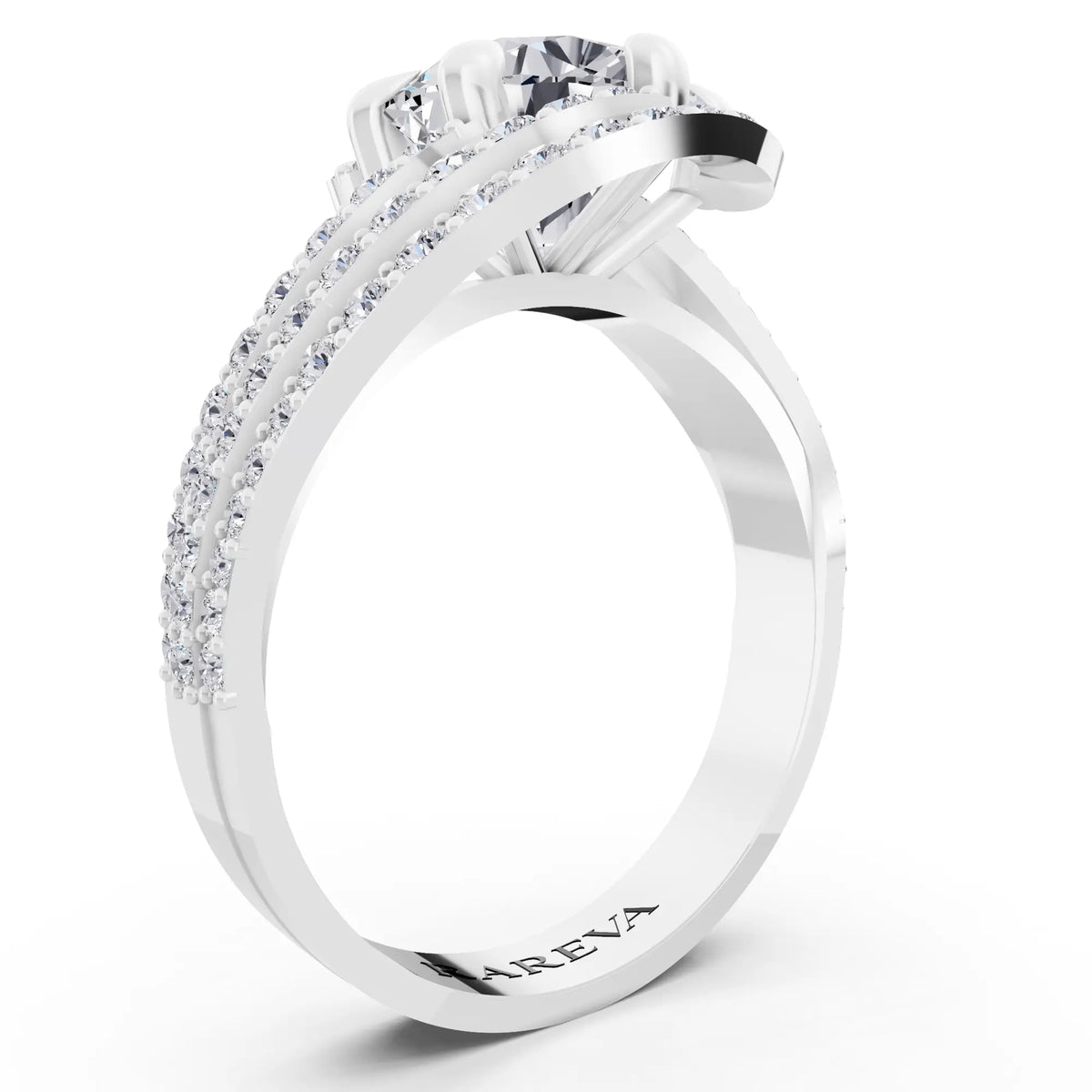 14 KT White Gold Round Cut Diamond Solitaire Ring with Swirl Pave Bands - Top view