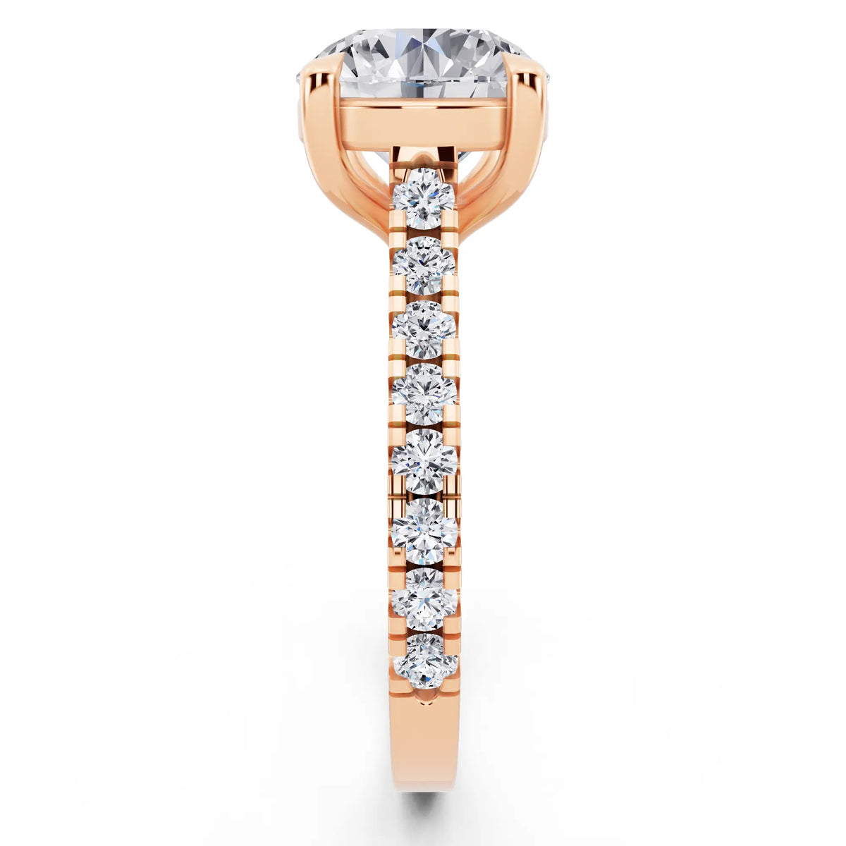 18 KT Rose Gold Round Cut Diamond Solitaire Ring with Pave Band - Side view