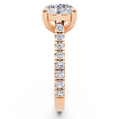 18 KT Rose Gold Round Cut Diamond Solitaire Ring with Pave Band - Side view