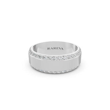 10K White Gold Men's Round Cut Diamond Pave Bevel Edge Band - 6.5mm - Front
