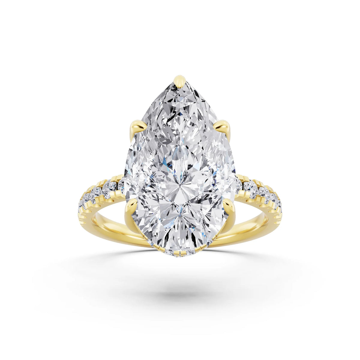 14 KT Yellow Gold Pear Cut Diamond Hidden Halo Tiger Prong Pave Band Ring - front view