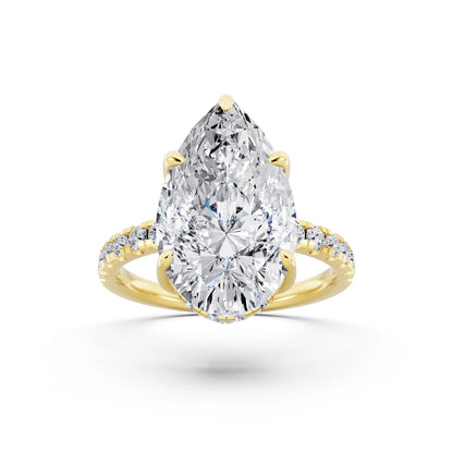 14 KT Yellow Gold Pear Cut Diamond Hidden Halo Tiger Prong Pave Band Ring - front view