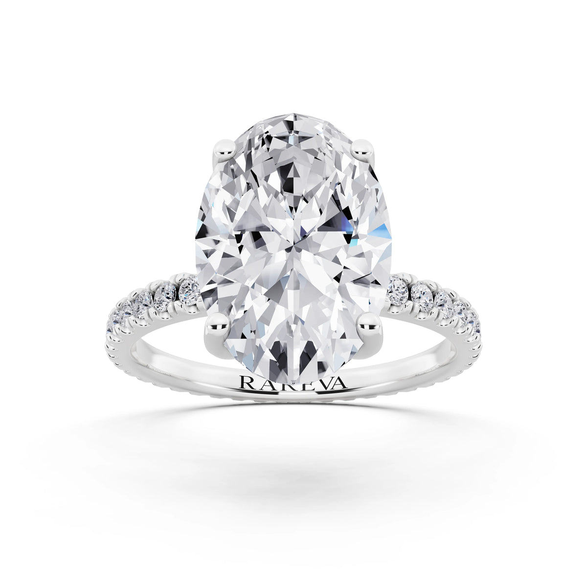18 KT White Gold Oval Cut Diamond Solitaire Ring with Pave Eternity Band - front view