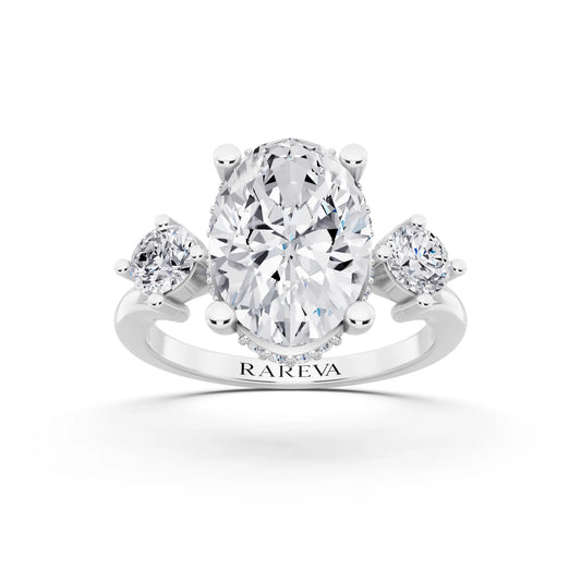 Platinum Oval Cut Diamond Three Stone Engagement Ring with Hidden Halo - front view