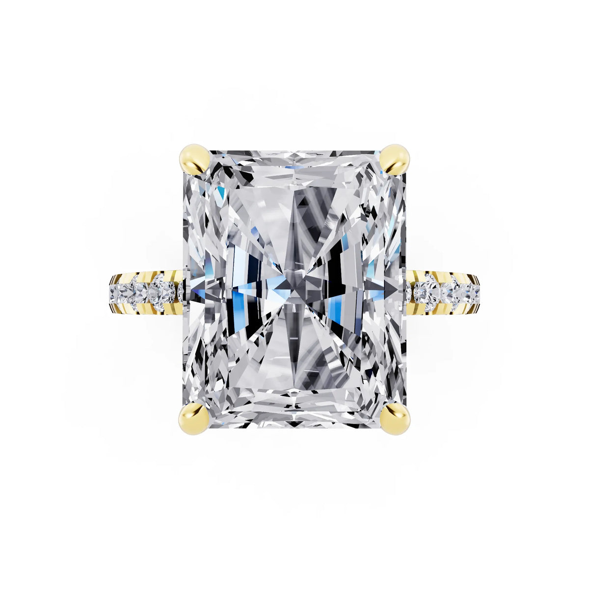 18 KT Yellow Gold Radiant Cut Diamond Hidden Halo Tiger Prong Pave Band Ring - top angle