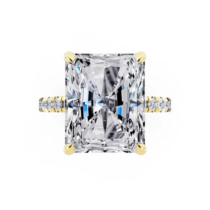 18 KT Yellow Gold Radiant Cut Diamond Hidden Halo Tiger Prong Pave Band Ring - top angle